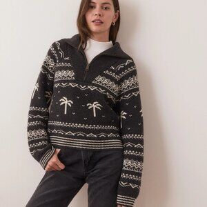 Marine Layer Archive Whitney 1/4-Zip Sweater Black white Fair Isle Preppy Large